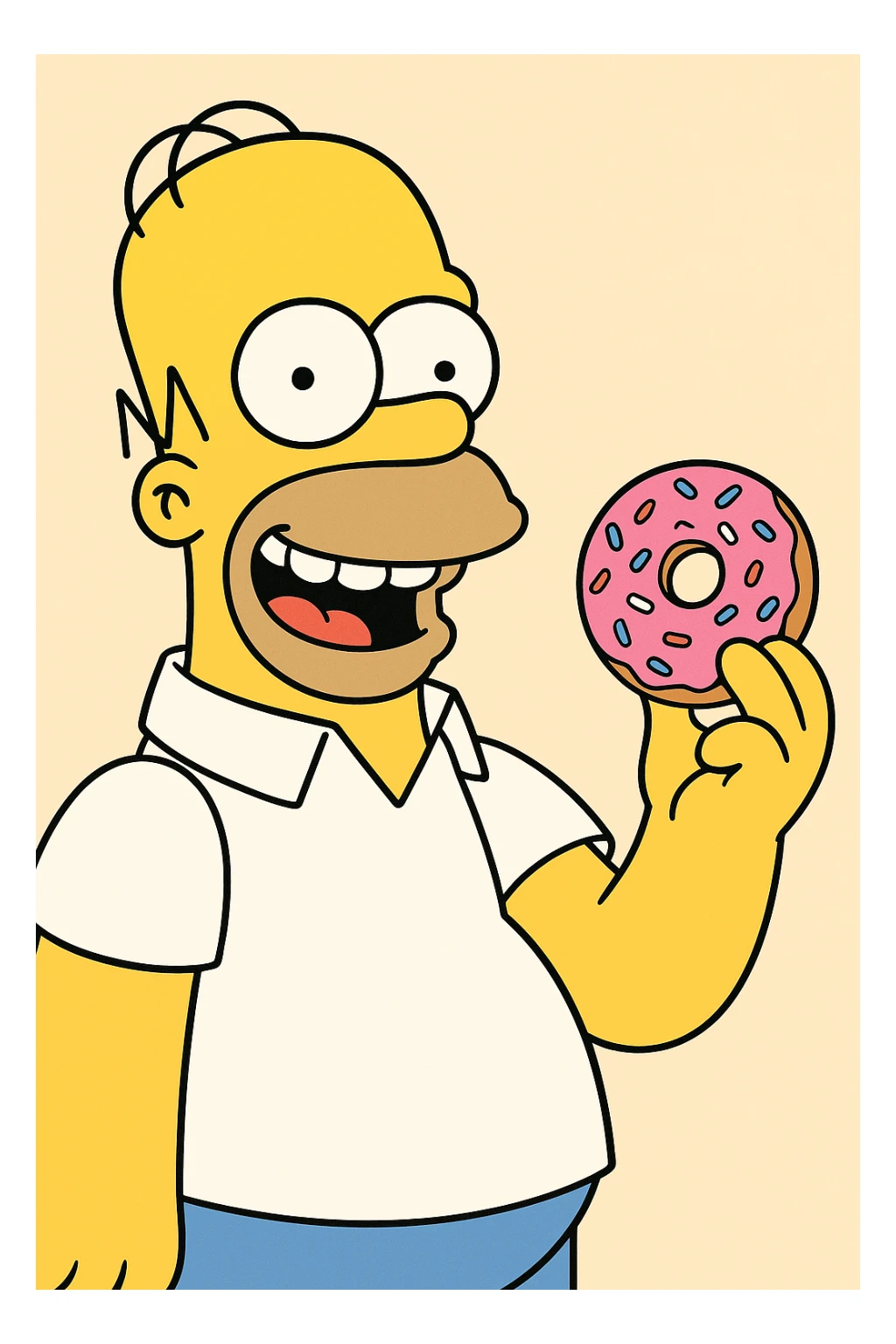 Homer Simpson smiling and holding a pink frosted donut, cartoon style, bright colors, simple background sticker