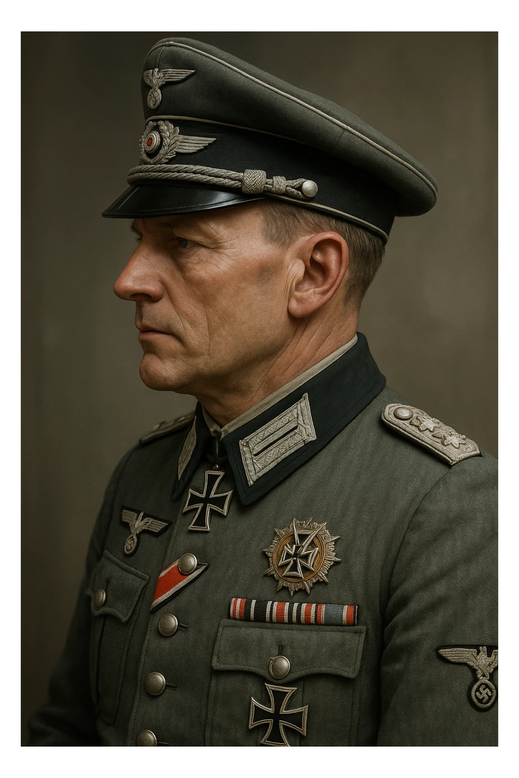 World War II German officer, side profile, wearing peaked cap, decorated uniform, historically accurate, detailed, realistic style sticker