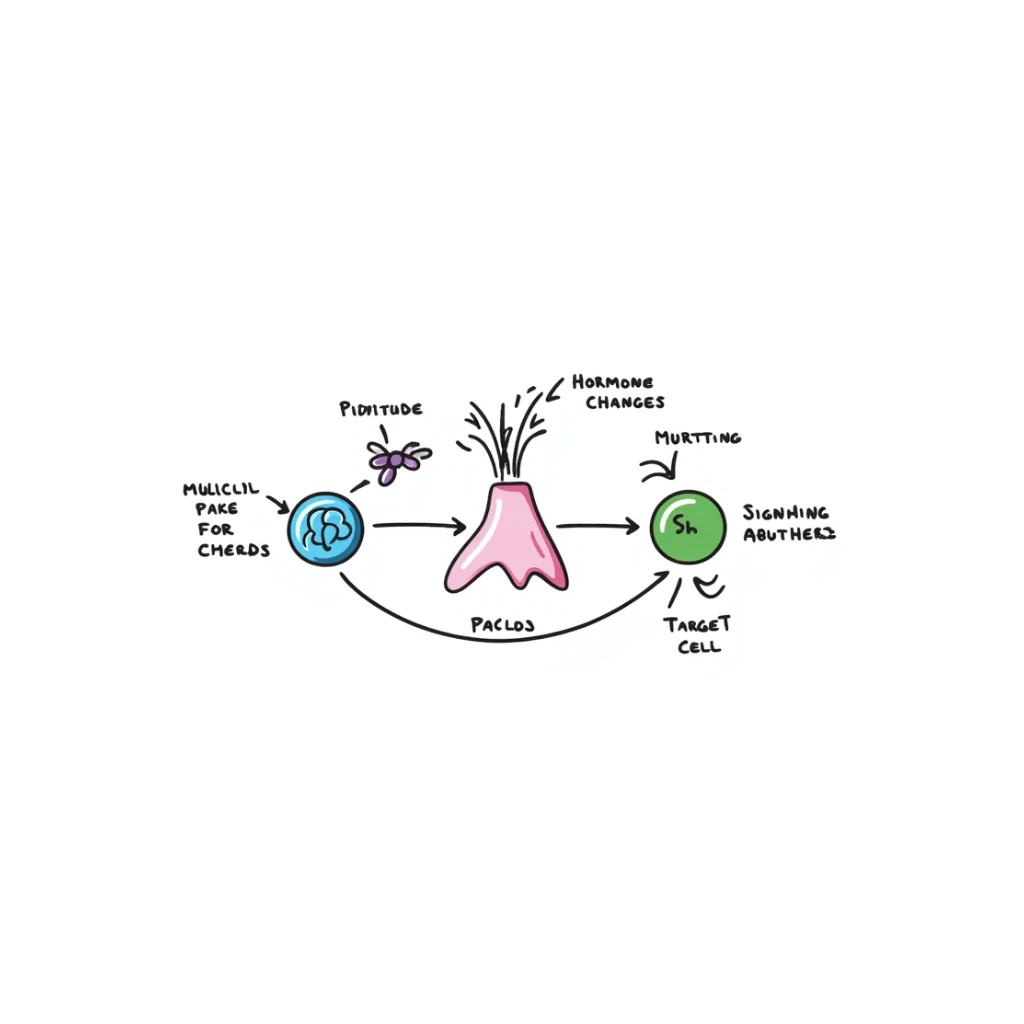 Hormone pathway illustration: pink endocrine gland releasing purple hormone molecules traveling through blue bloodstream to reach green target cells. Hand-drawn diagram showing molecular binding and resulting cellular changes with labeled parts and colorful signaling cascade. sticker