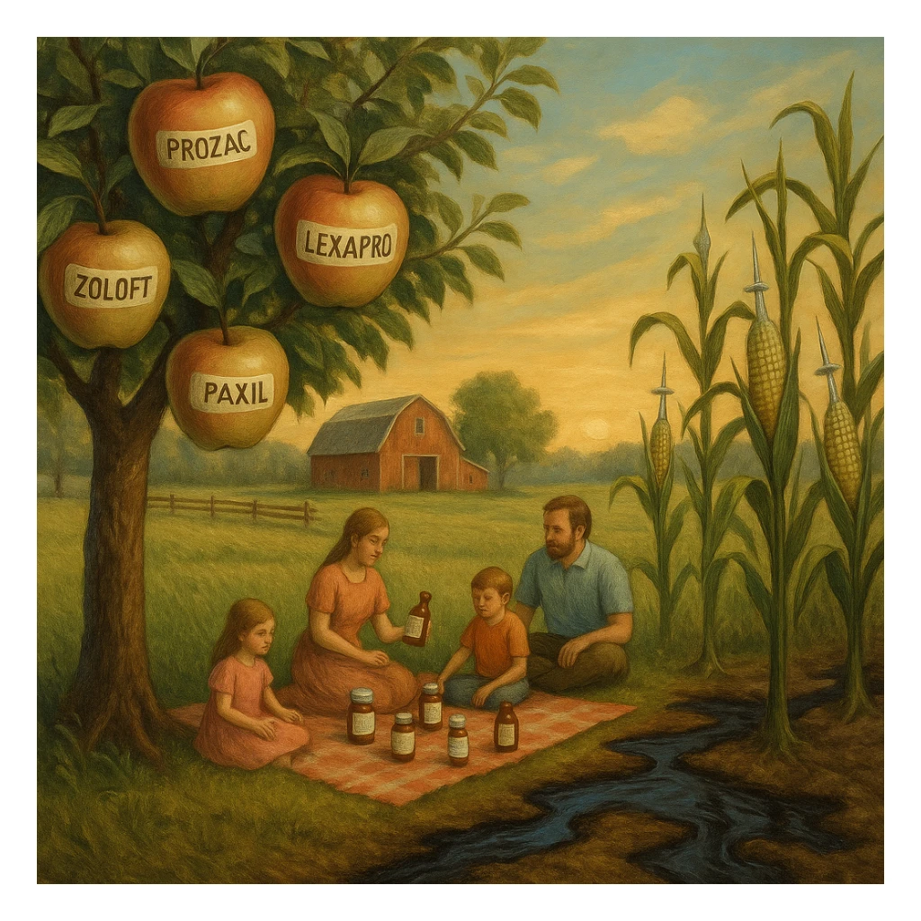 serene farm with apple trees bearing antidepressant-labeled fruit, corn stalks growing syringe cobs, soil leaking oil, a family picnics not noticing their food transforming into pharmaceutical bottles, tranquil yet disturbing atmosphere sticker