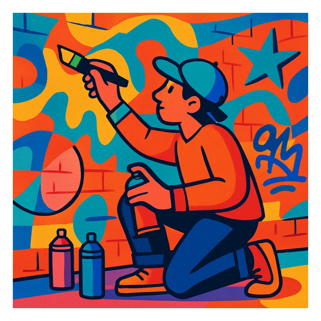 a muralist painting a large wall, vibrant street art style sticker
