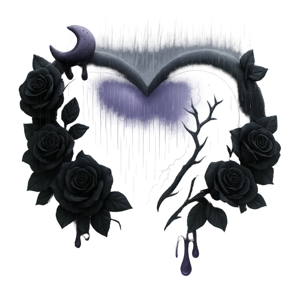Add much more rain and thick mist to the scene, keeping the prominent black roses, gothic heart, translucent purple glass, crescent moon with black drips, faint lightning bolts, cracked glass with glowing mist. The style should resemble 3D emoji style. Remove the background. sticker