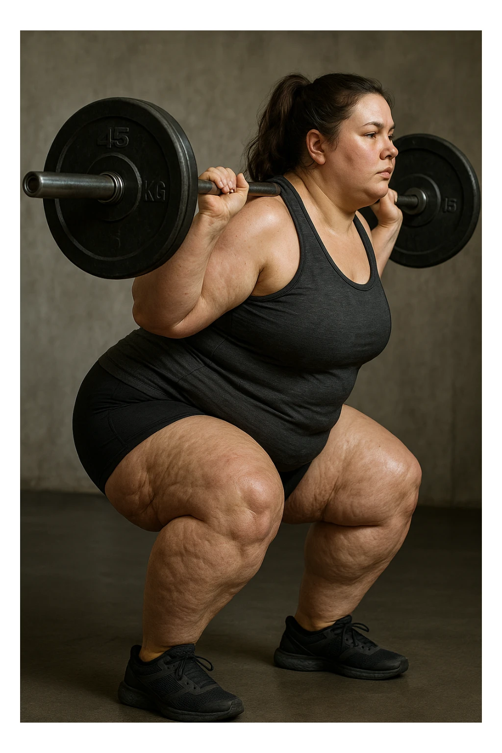 donna grassa con lipedema alle gambe che fa uno squat di profilo con bilanciere, IPERREALISTICA 4K sticker