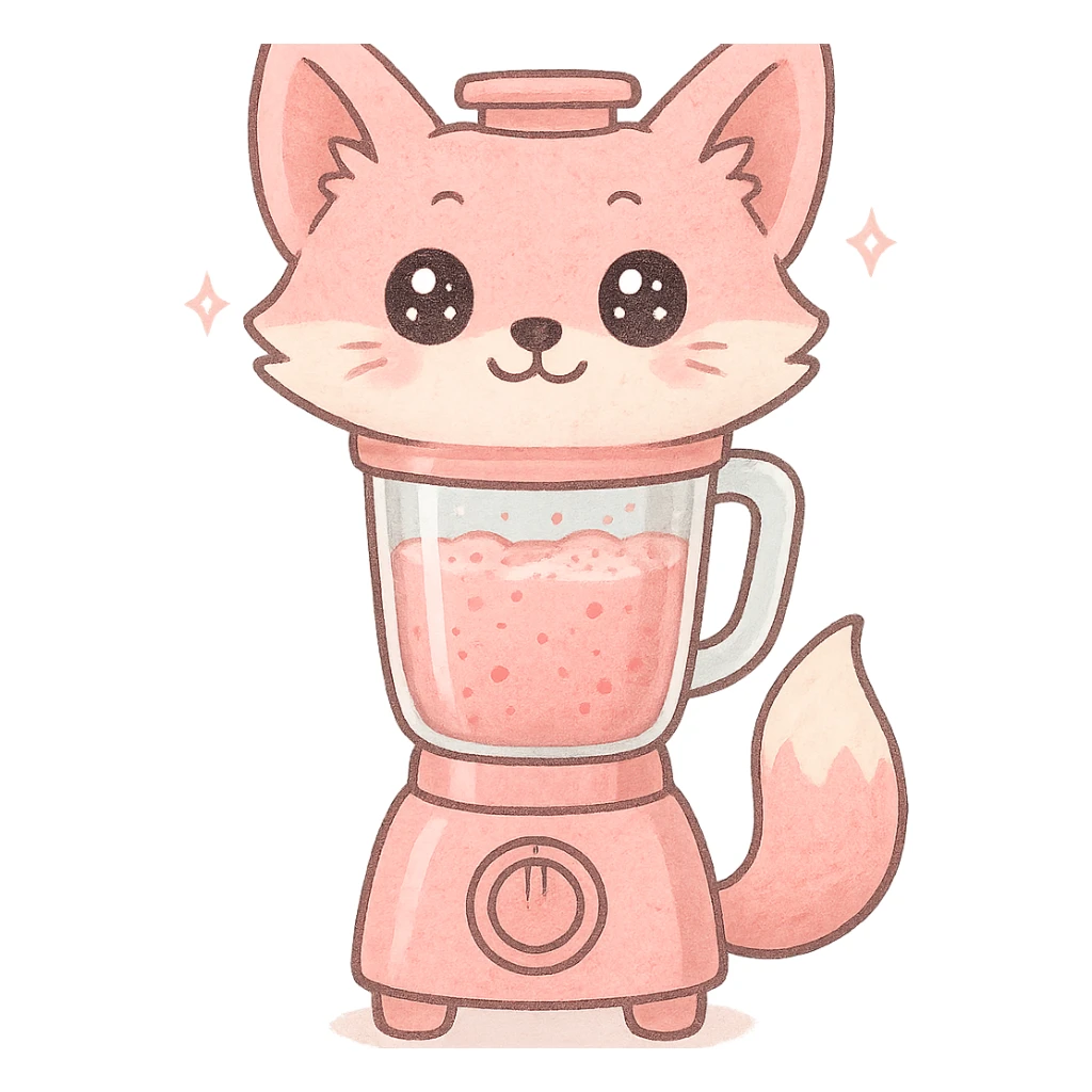 full-body pastel pink fox shaped like a blender with transparent body showing a fruity smoothie inside, sparkling eyes, transparent background sticker