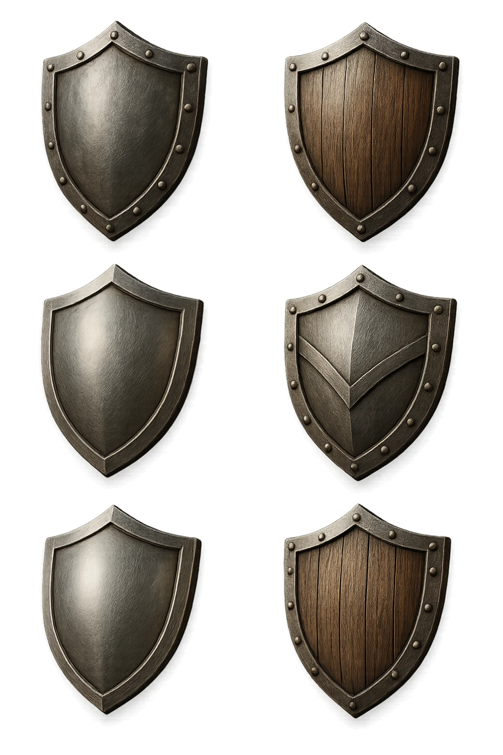 6 scudi 3d che simboleggiano "difesa e protezione", realistici in 3d fluttuano in aria, iperrealistico 4k sticker