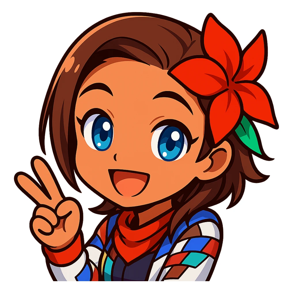 Azucena from Tekken 8 in chibi sticker style, giving a peace sign with a cheerful expression, designed for Twitch emote use. sticker