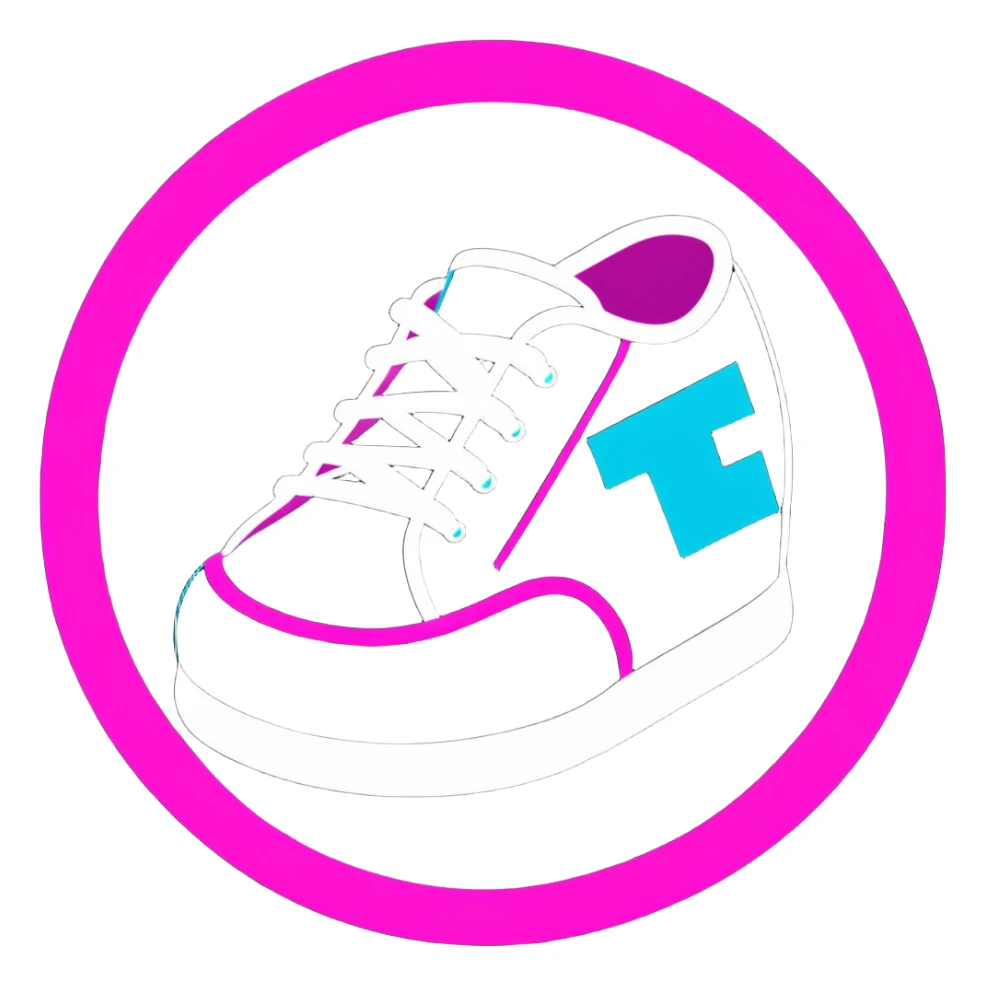 Minimalist sticker with white 'tt' letters on a black circle with cyan, magenta, and yellow dots below, sneaker with street style influence sticker