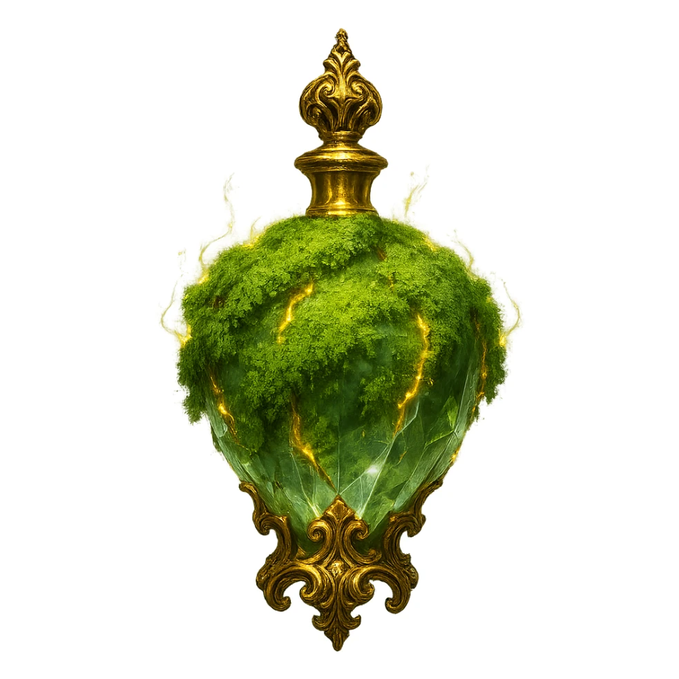 very luxurious crystal elixir bottle covered with living green moss, lots of glowing edges, ornate golden details, magical effects, very small golden neck, beautiful merging base, clearly floating in air, no base or shadow, premium class, natural, magical, fits collection, transparent background sticker