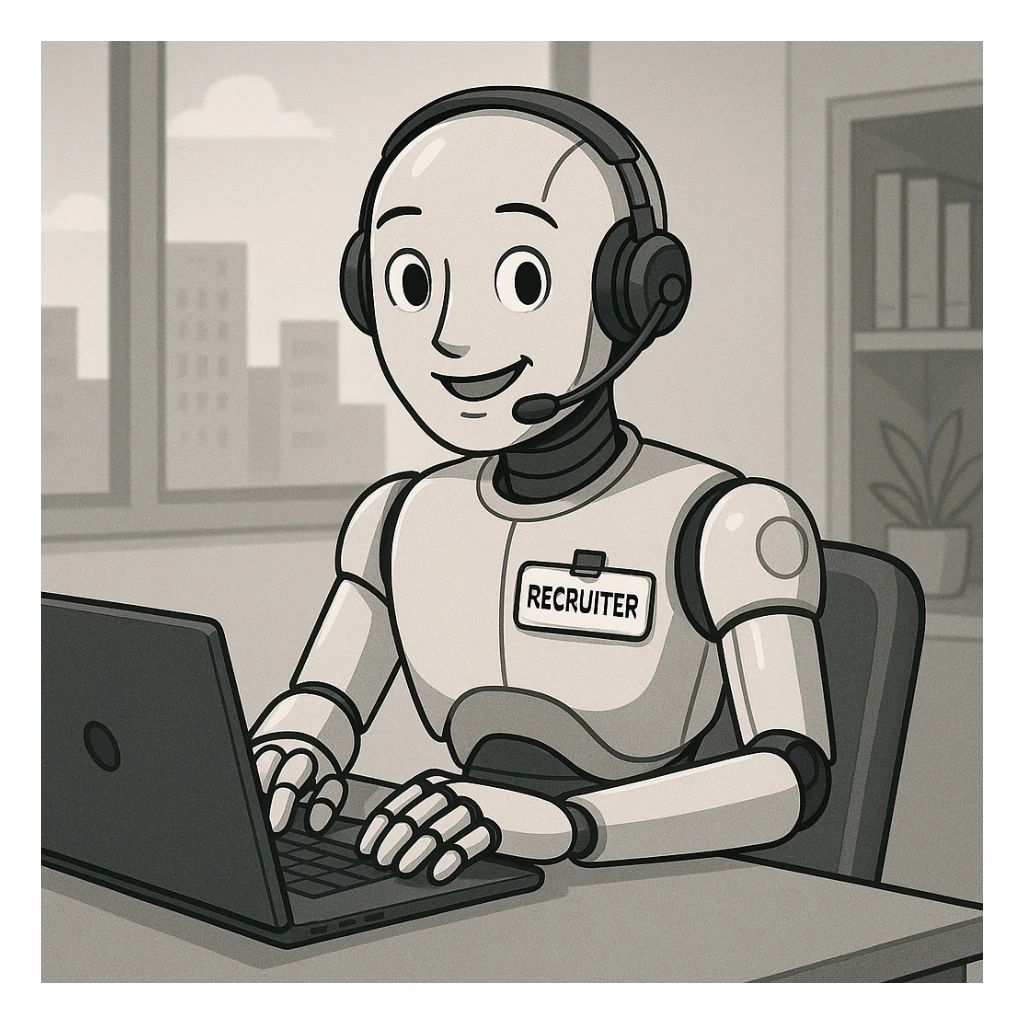 a robot recruiter at a desk, headset on, typing on a laptop, approachable and efficient sticker