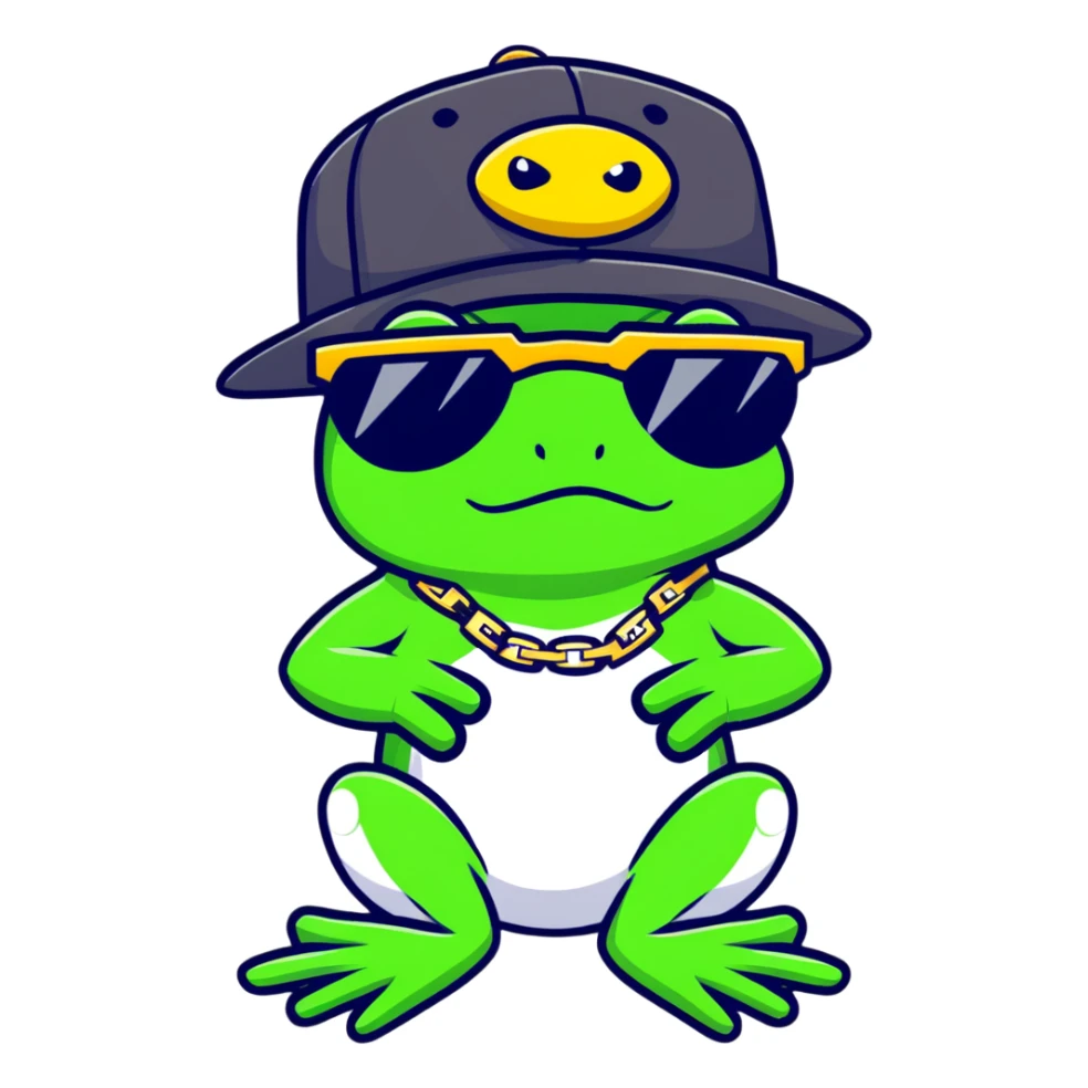 thug life frog with pixelated black sunglasses, gold chain, snapback hat, tough gangster pose sticker