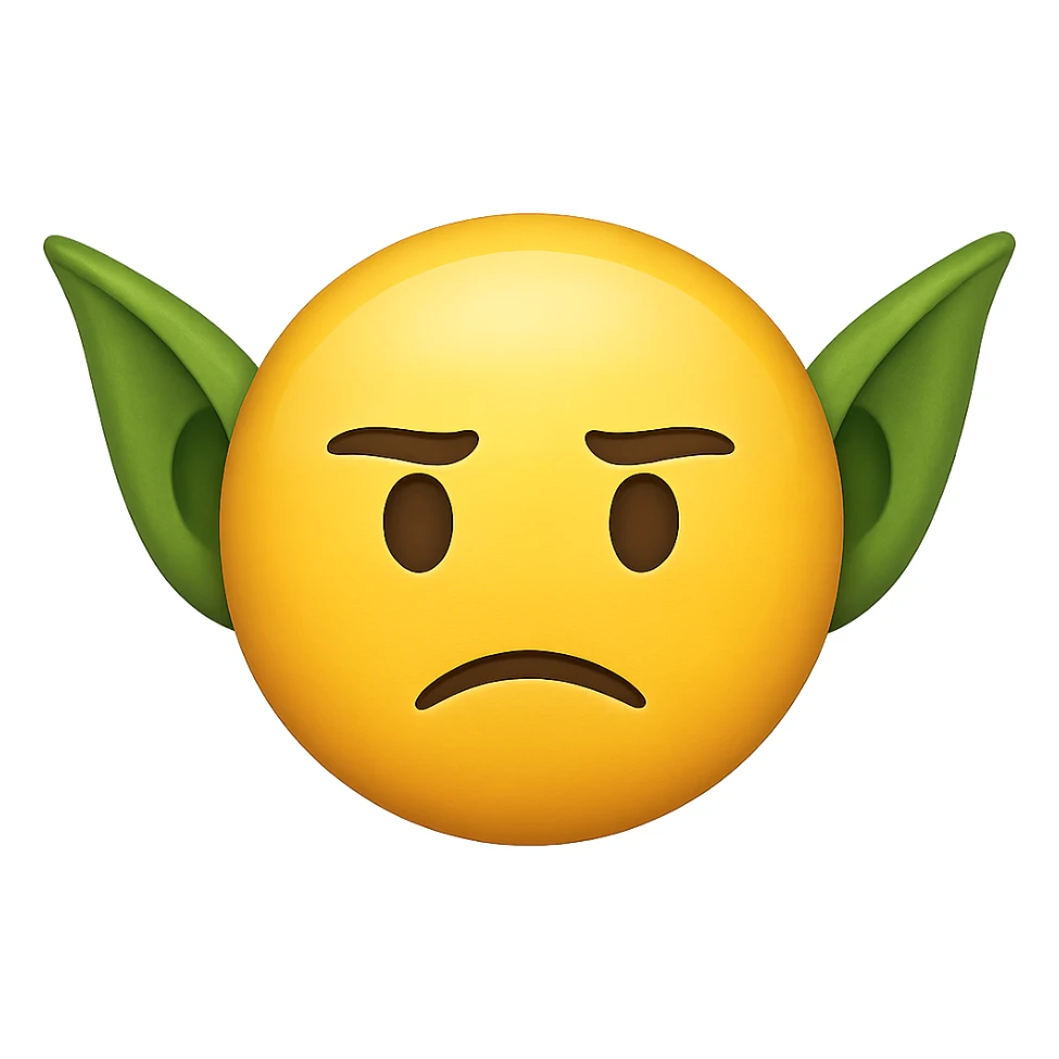 yellow face with green goblin ears emoji, digital illustration sticker