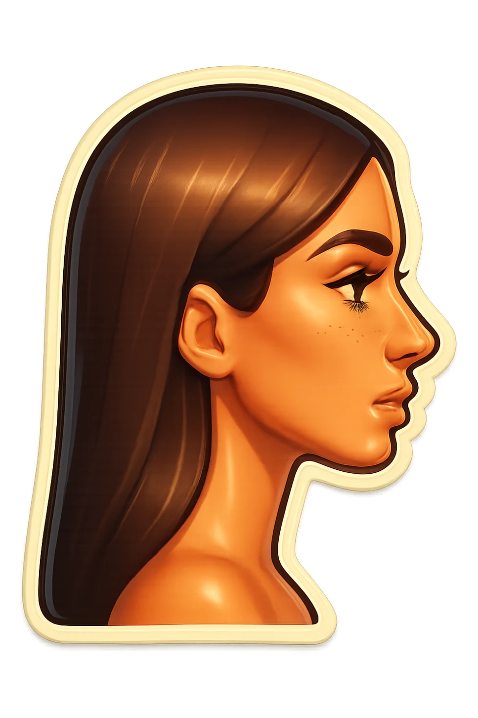 Create a side view (profile) of this woman's head, matching the same cartoon emoji style of the reference image, with long dark hair and similar facial features. Variant 1. sticker