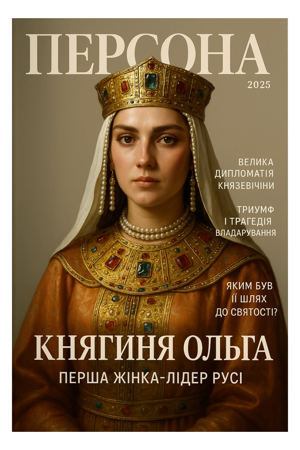 Create a glamorous, ultra-realistic magazine cover titled "Персона"
The cover features Princess Olga from the downloaded image.
The cover design should be bright with elegant typography.
Add the title: "Княгиня Ольга", the subtitle: "Перша жінка-лідер Русі", and the release date: "2025".
Include additional subheadings and a well-thought-out layout.
Premium lighting, dramatic shadows, rich colour correction, glossy paper texture, minimalist background, focus on the character and typography in the spirit of glossy publications. sticker