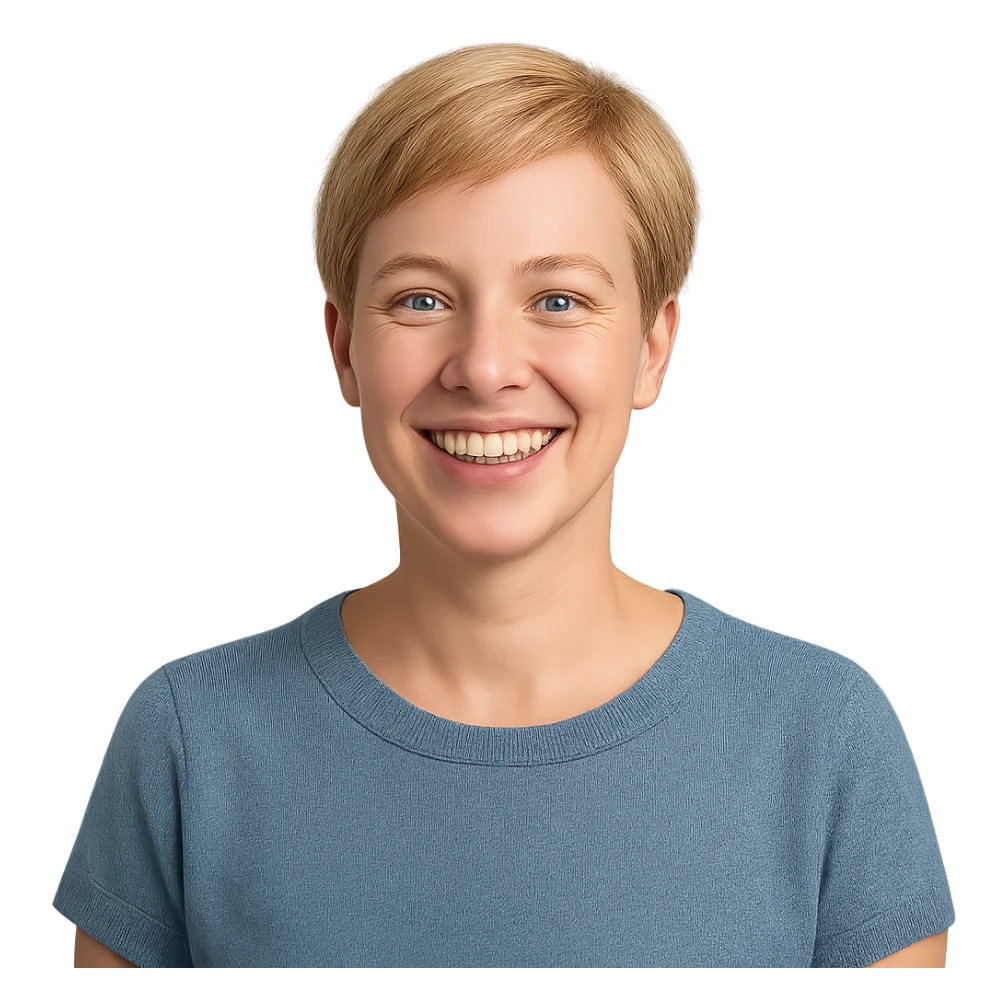 a wife with short blond hair, cheerful, simple background, portrait sticker