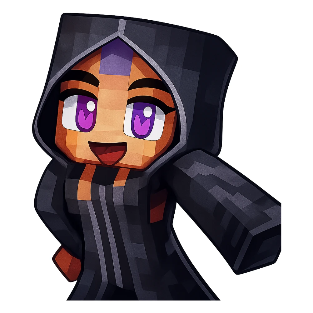 Extract and isolate the character in the black hooded outfit from the image, preserving the original Minecraft pixelated style and colors, with a transparent background. sticker
