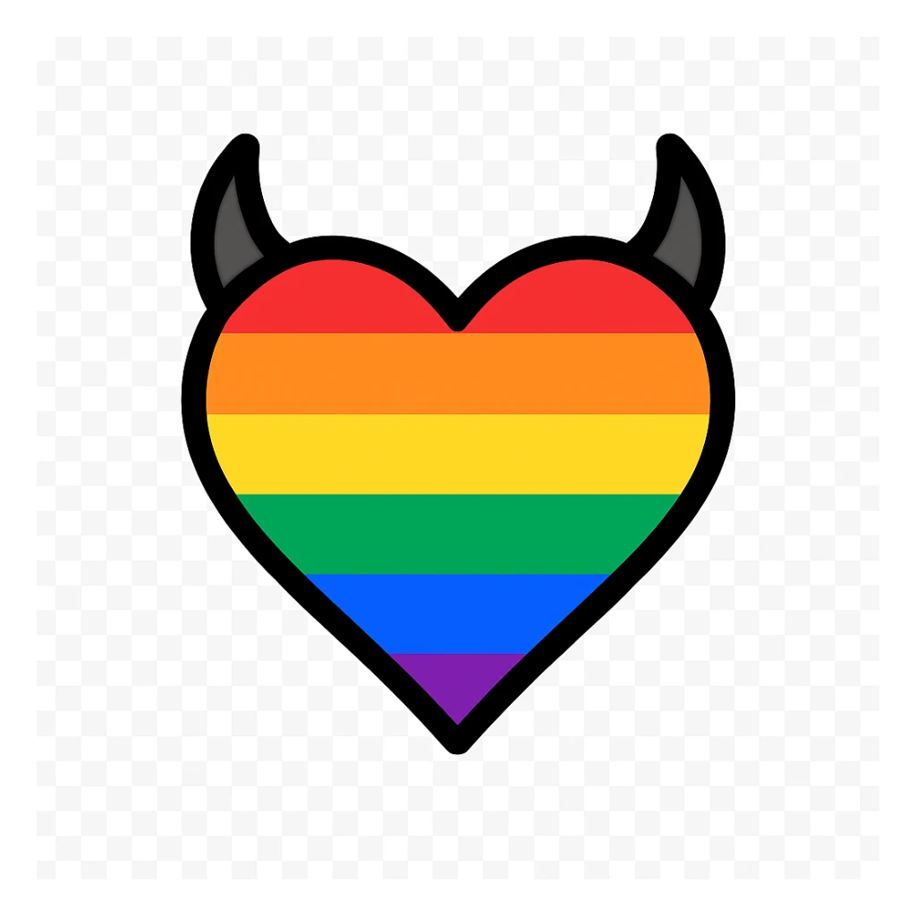 minimalist devil heart icon, red heart with black horns, subtle rainbow gradient fill for pride sticker