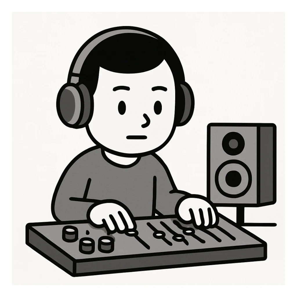 minimalist music producer at a mixing desk monochrome palette sticker