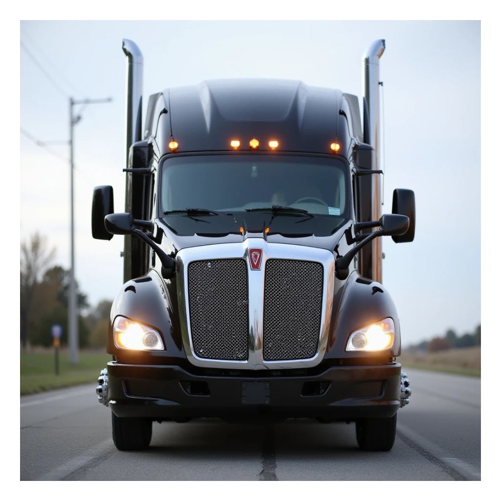 2026 Black Kenworth T680 Sleeper semi truck, front view, headlights on, tall chrome muffler stacks, realistic details, no background sticker
