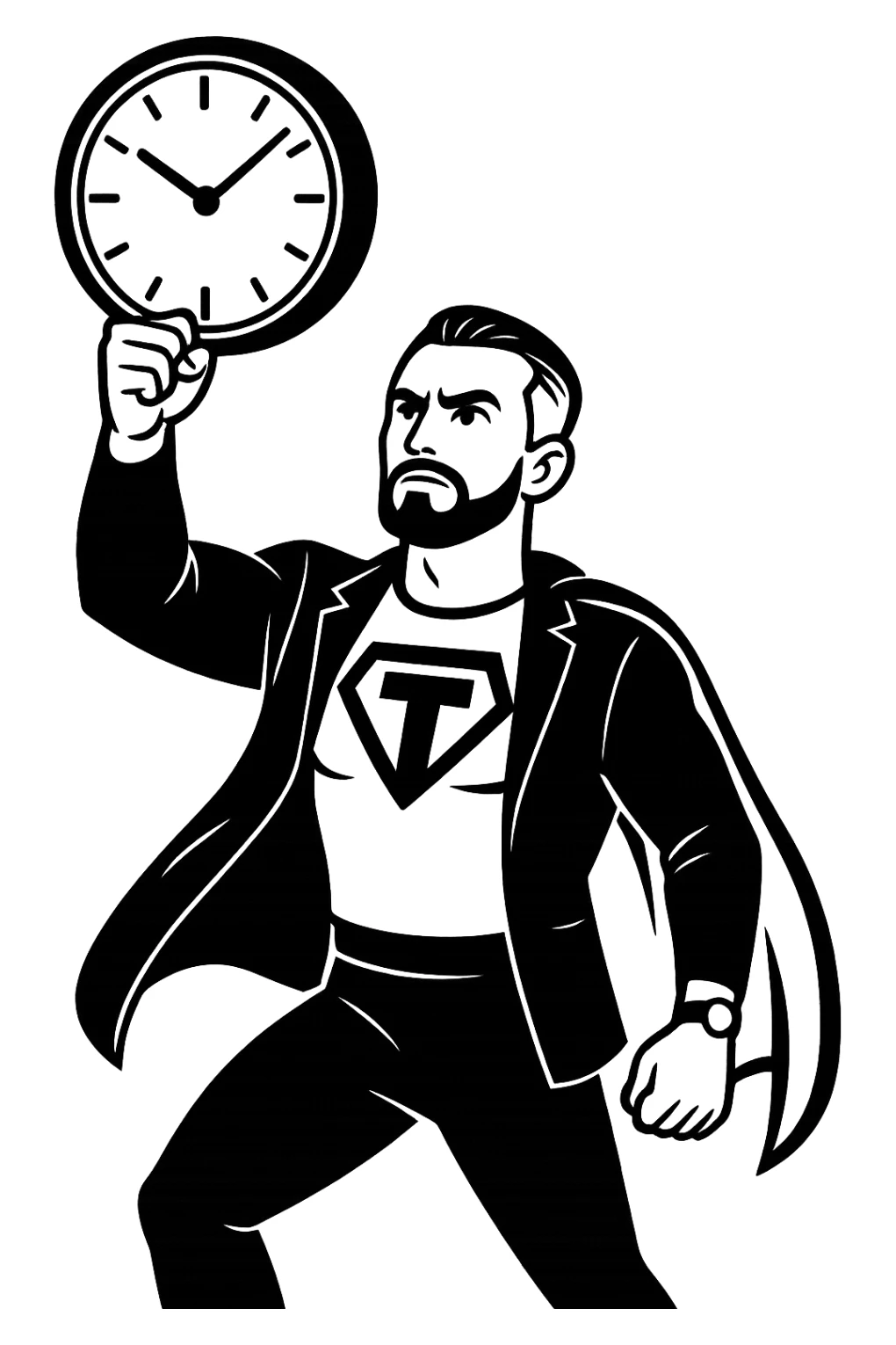 Черное-белая стилистика как на картинке, на которой герой в позе Супермэна с большой буквой Т на груди несет вперед циферблат, прозрачный фон sticker