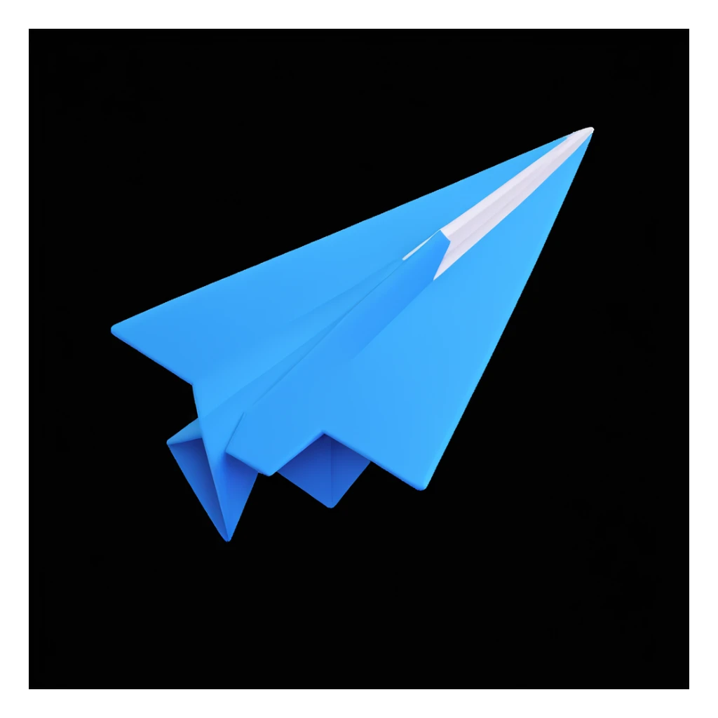 Telegram paper plane icon, 3D style, matte finish, blue and white, realistic lighting, on white background sticker