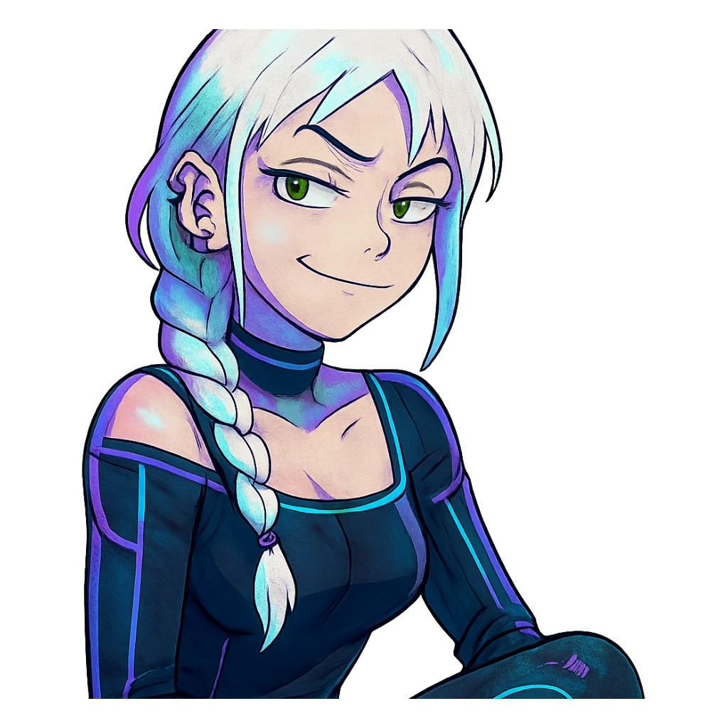  she is making a smug and suspicious facial expression, eyebrows pointed up, a closeup portrait of young woman with gold yellow eyes, white hair, long braid, black off-shoulder top d-cup, punk gothic style, futuristic cyberwave cyberpunk, sitting position
 sticker
