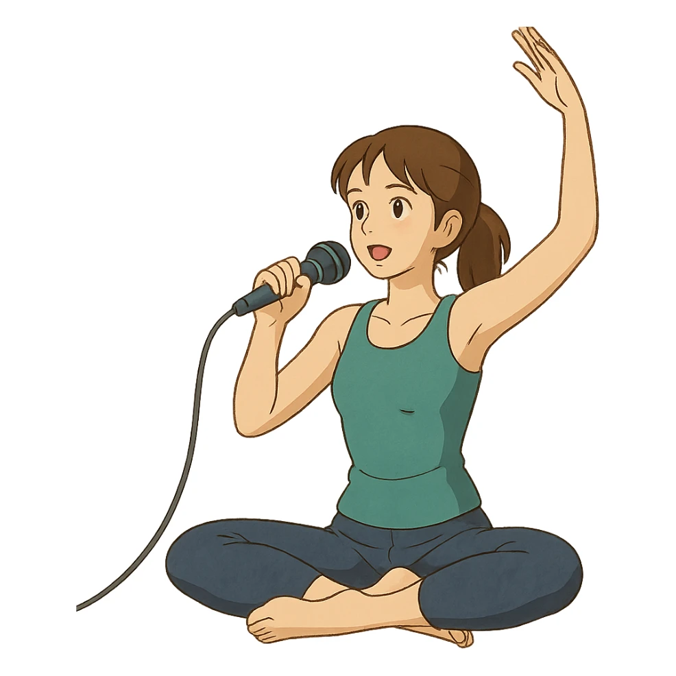 ghibli style illustration of a woman doing yoga with a microphone sticker