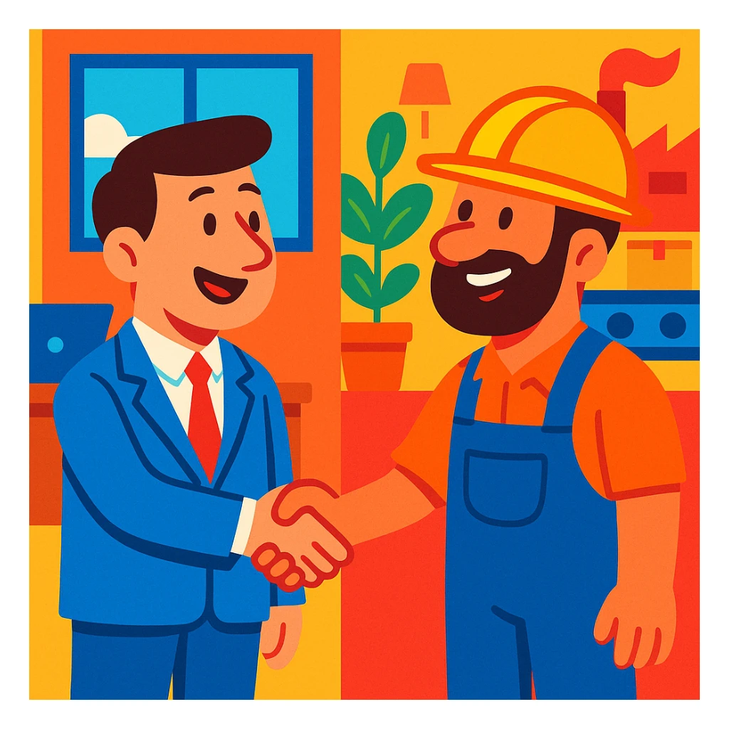 cartoon style office worker shaking hands with factory worker, bright colors, positive atmosphere, both smiling sticker