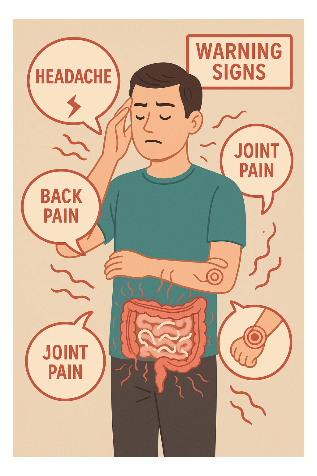 uomo che ignora i suoi un mal di testa, mal di schiena e dolore articolare e ignora ogni segnale e messaggio che il corpo manda per avvertirlo, ma alla fine dipendono tutto dai parassiti intestinali  sticker