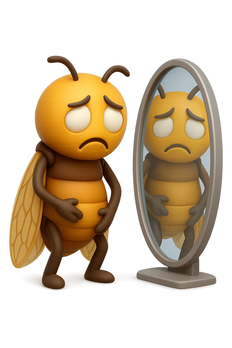 EMOJI STILE IPHONE 3D DI una cicala troste che si guarda allo specchio insoddisfatta del suo fisico, fagli gli occhi bianchi , non solo la pupilla sticker