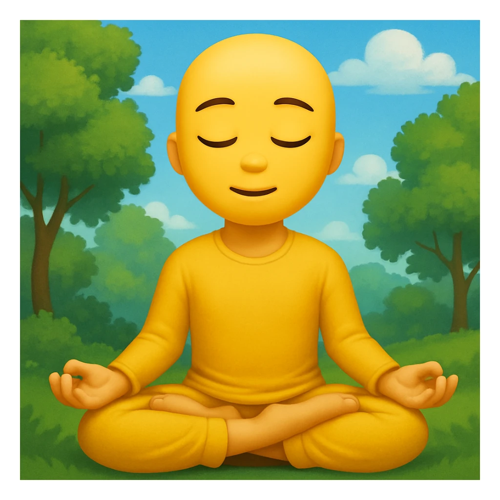 Add a peaceful nature background with trees and sky behind the meditating emoji, keep the classic emoji style sticker