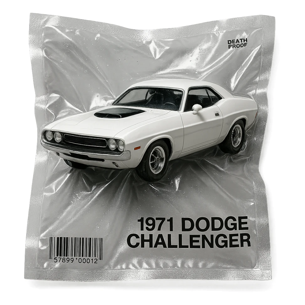 white 1971 Dodge Challenger, glossy, inspired by 'Death Proof' film sticker