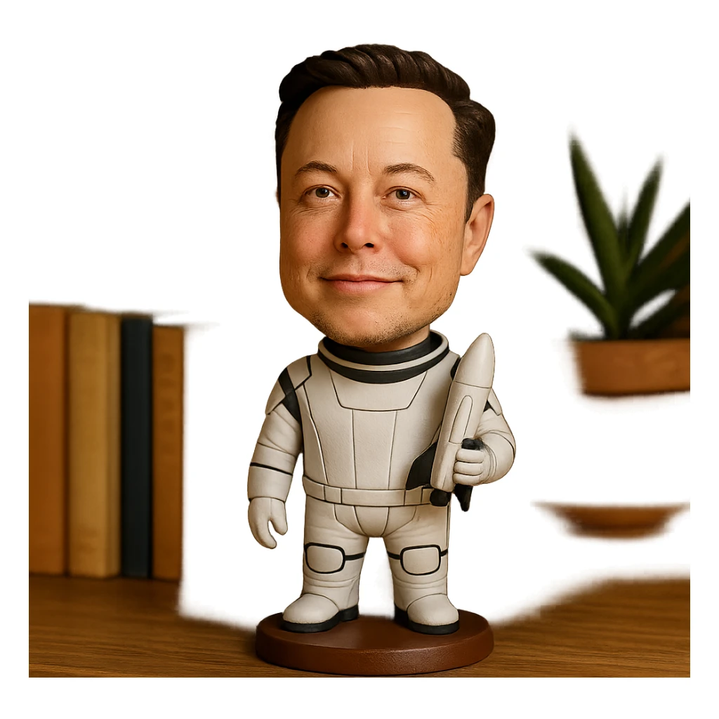 bobblehead of Elon Musk in a space suit holding a small rocket sticker