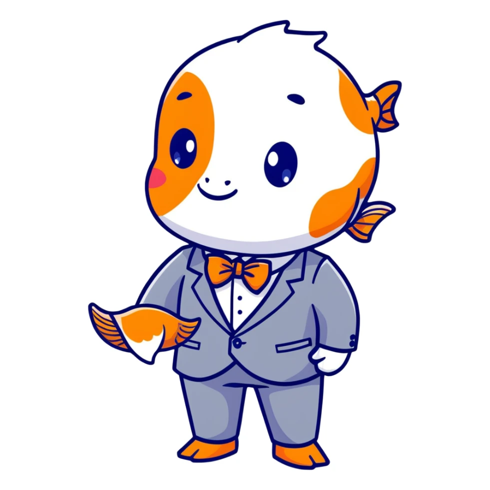 A charming and professional koi fish character, sleek rounded body with orange and white patterns, expressive eyes, friendly smile, wearing a neat business suit, white shirt, and tiny bowtie sticker