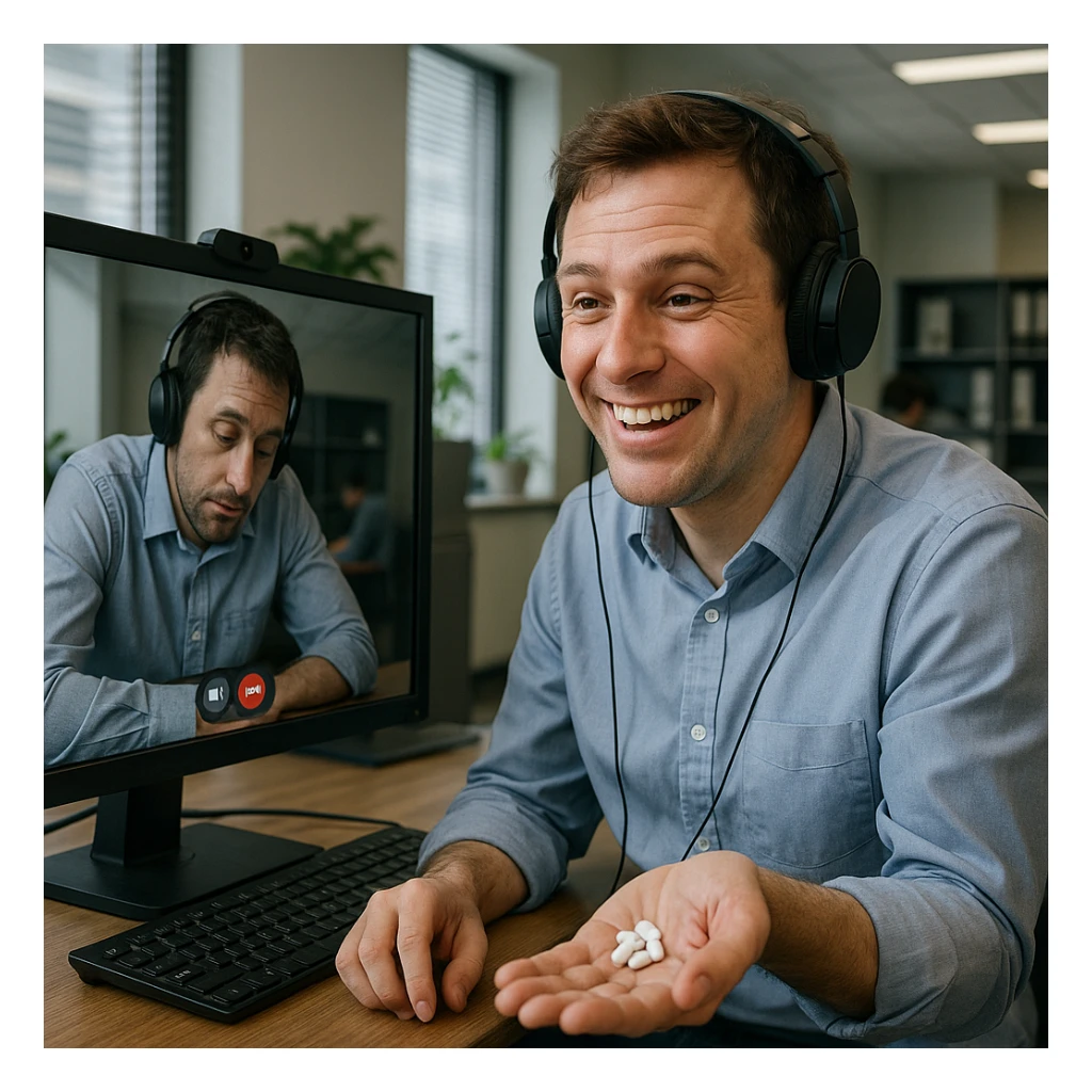 Man in his mid-30s, work video call, fake cheerful expression, hand under desk with caffeine pills, screen reflection reveals tired, collapsed posture, virtual avatar upright and energetic, hyperrealistic 4K, office environment sticker