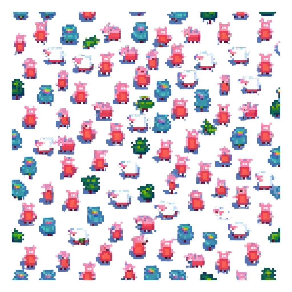 Peppa Pig, pixel art style, simple and recognizable, bright colors, blocky pixelated look sticker