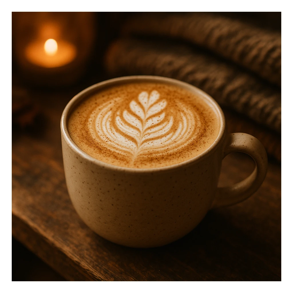 a beautiful coffee latte topped with cinnamon, cozy atmosphere sticker