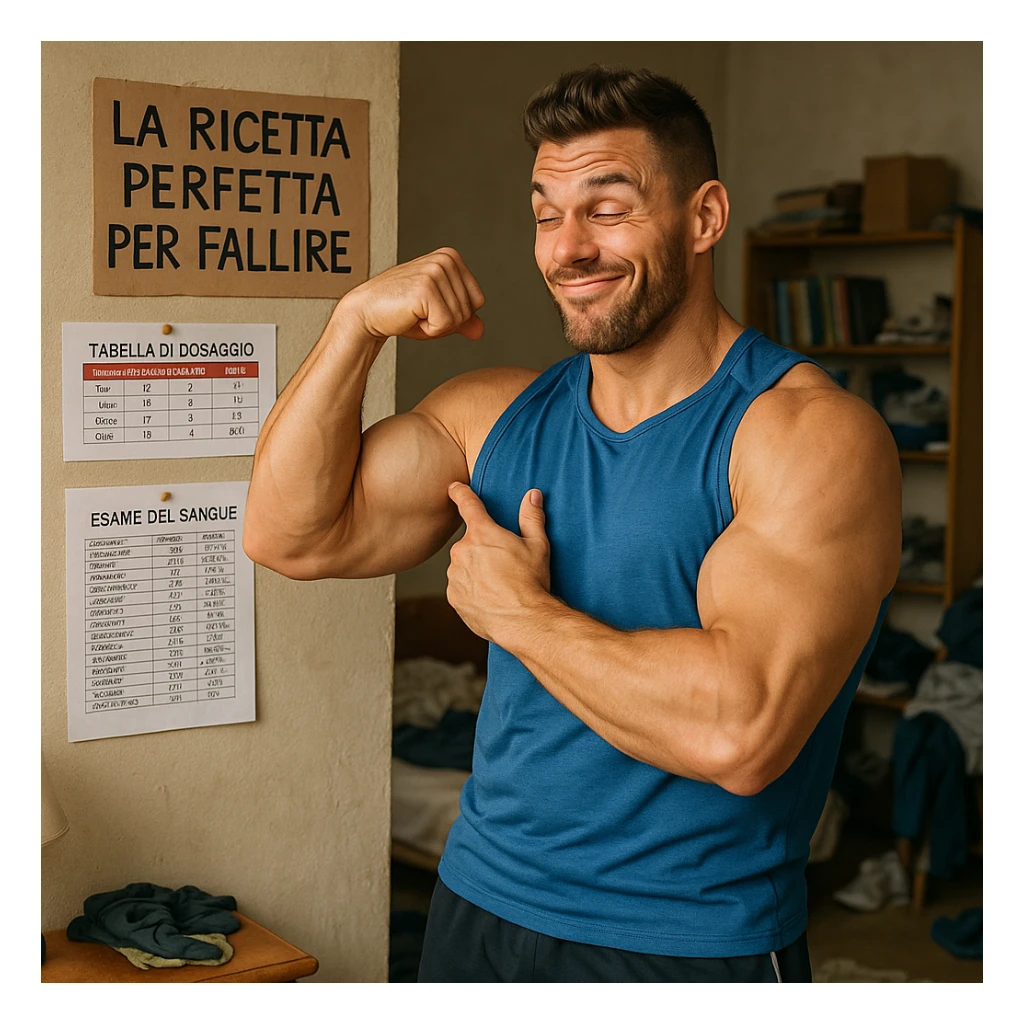 muscular bodybuilder in sportswear with a cocky expression, ignoring a dosage table and a blood test sheet in Italian, touching his bicep and smiling, lighthearted atmosphere, messy room background, sign with text 'La ricetta perfetta per fallire', 4K quality sticker