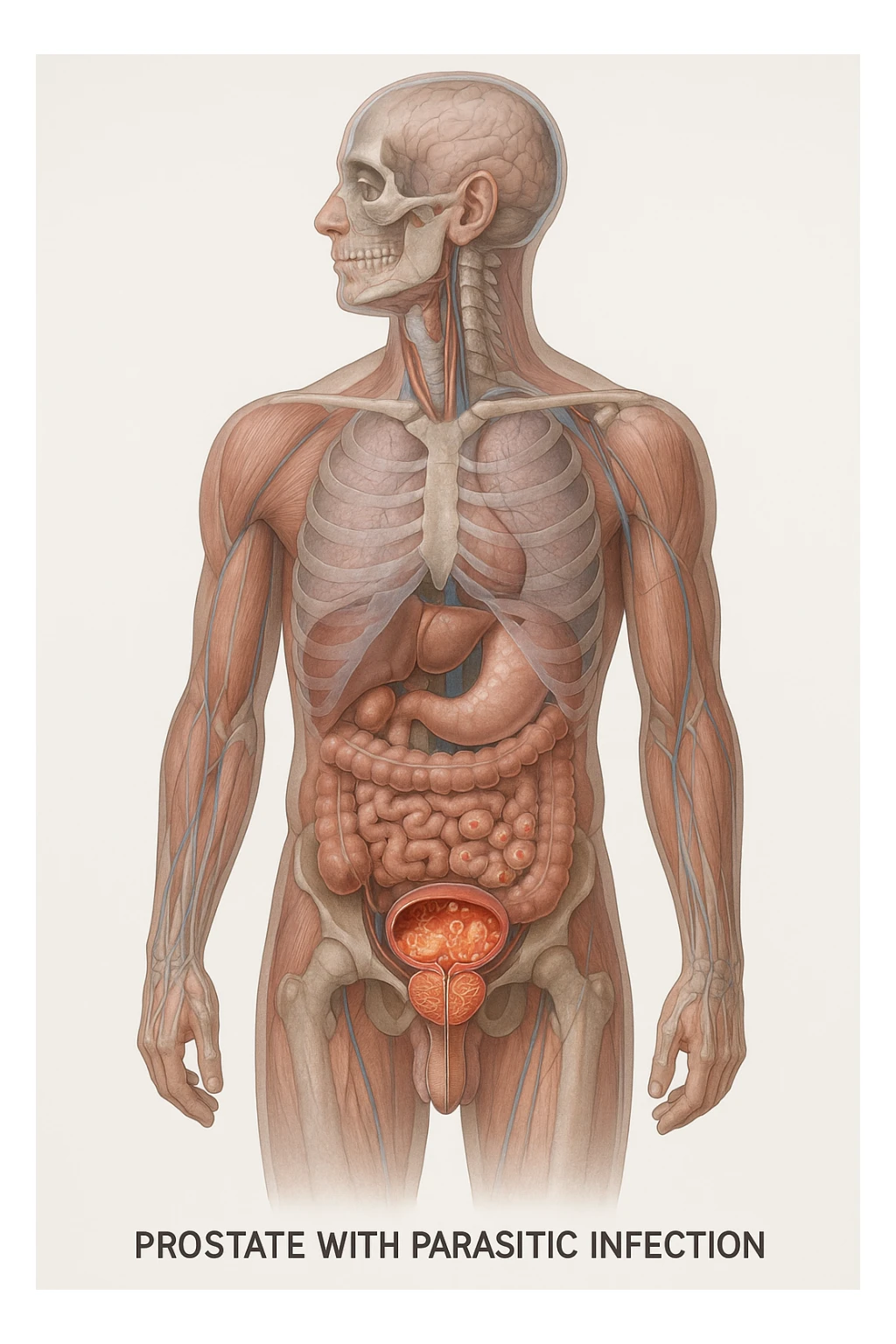 Vertical, hyper-realistic 3D cutaway illustration: the human body is shown in semi-transparent layers, exposing various types of problemi alla prostata a causa dei parassiti sticker