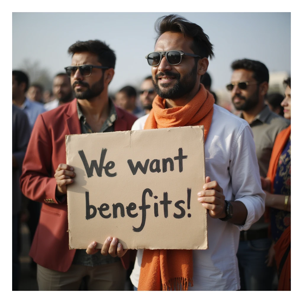 group of indian customers holding a board written "We want benefits" sticker