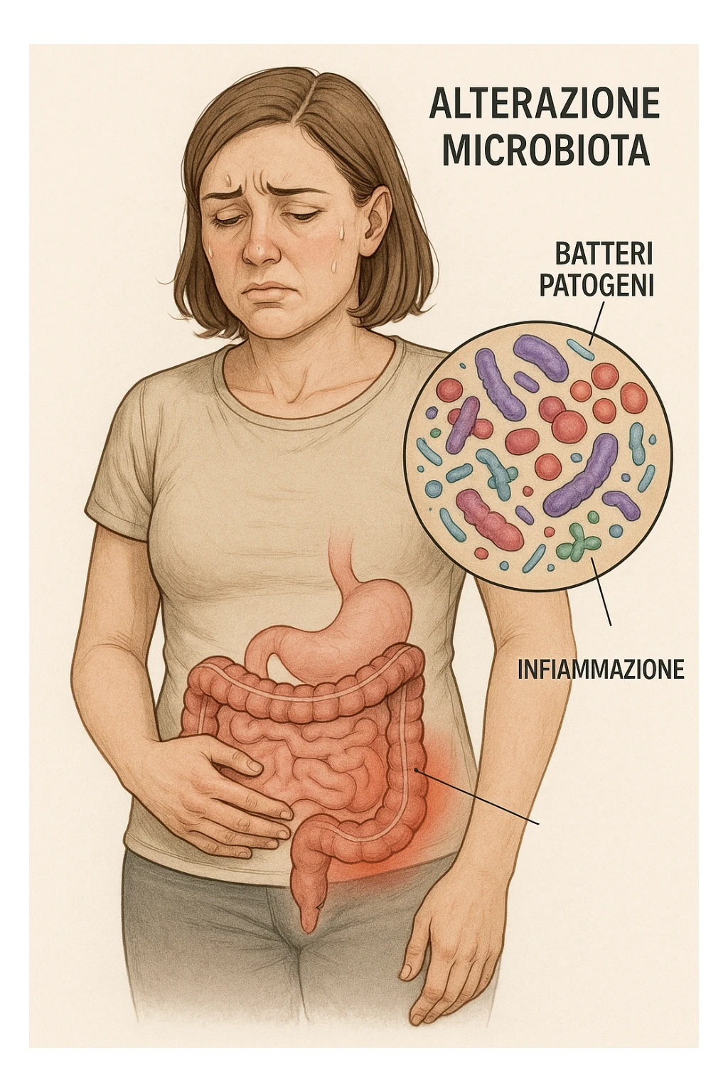 donna con alterazione del microbiota intestinale e molto specifica in italiano sticker