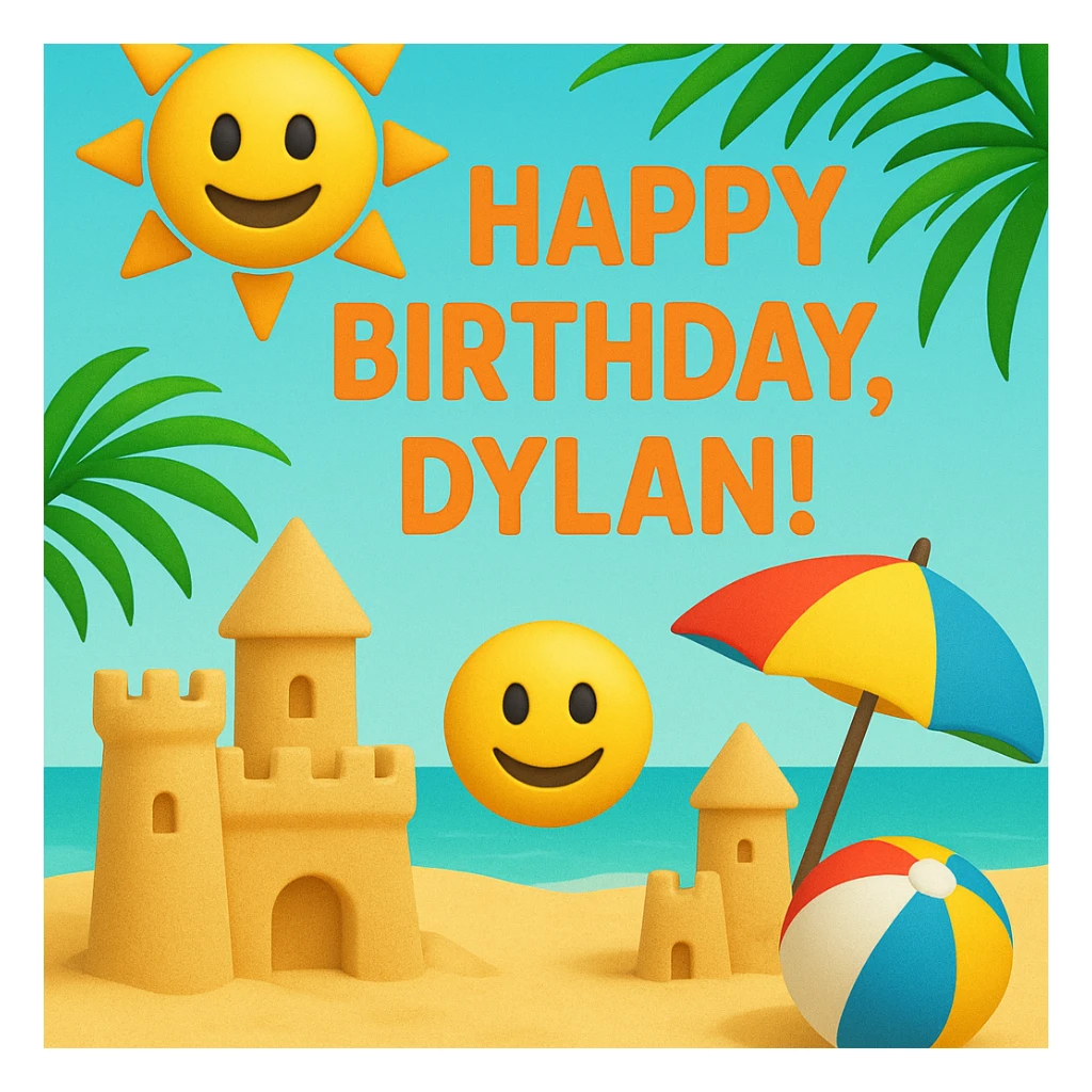Digital birthday card for Dylan's beach party with a tropical theme, headline 'Happy Birthday, Dylan!', featuring 3D emoji sand castles, beach ball, umbrella, smiling sun and happy face emojis, bright tropical colors, playful layout sticker