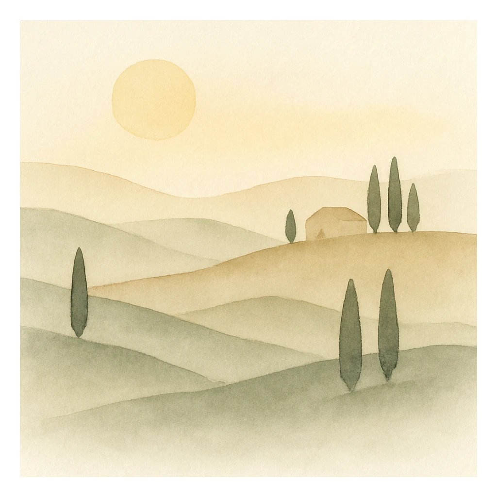 Tuscany hills landscape at sunset, warm golden light, rolling hills, cypress trees, scenic view, painterly style sticker