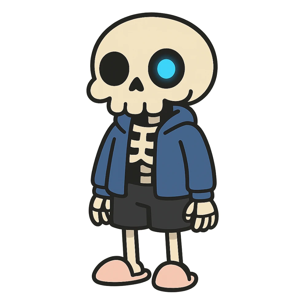 flat toon style short skeleton with blue jacket, black basketball shorts, light pink slippers, blue glowing left eye sticker