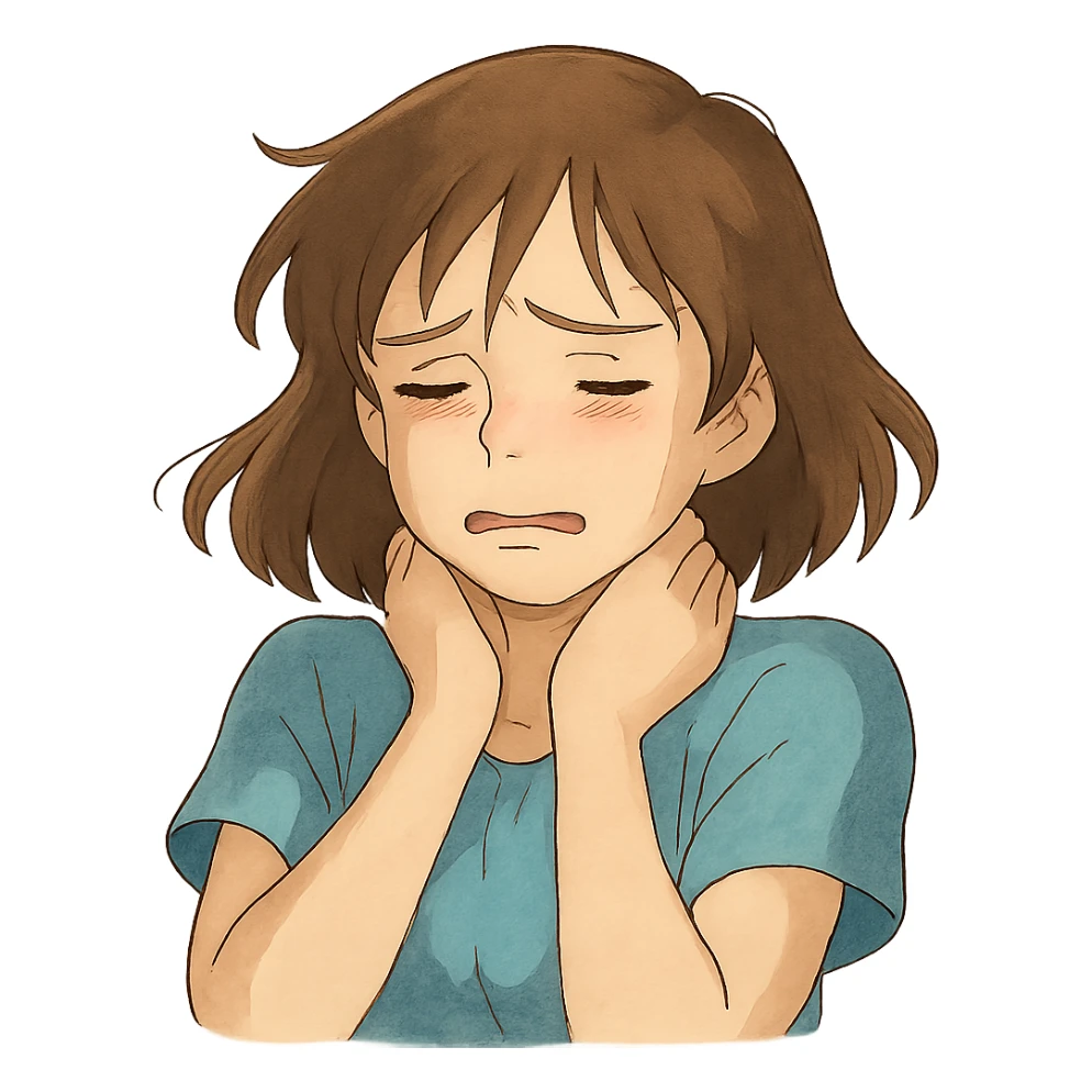 ghibli style girl with a pained expression, hands gently at her neck, soft lighting, emotional focus sticker