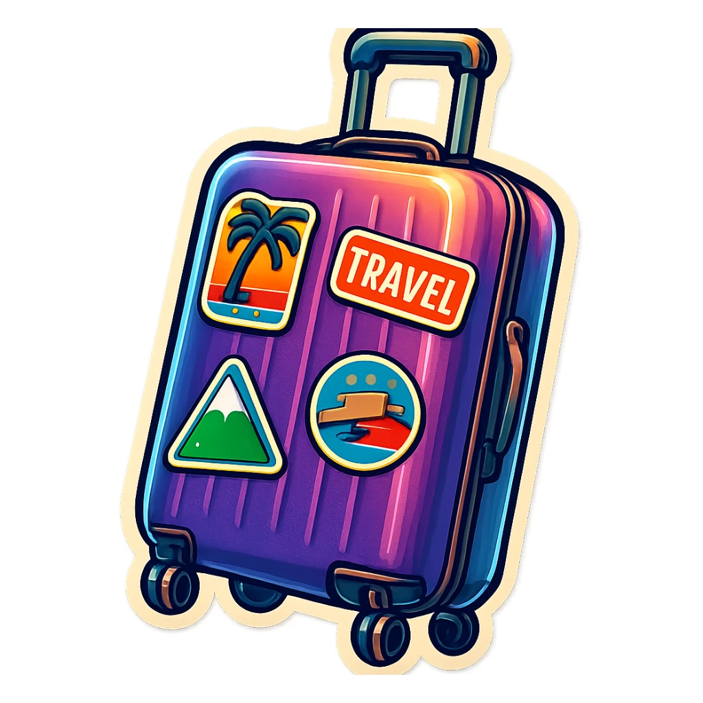 ribbed travel suitcase with handle and wheels, shown at a slight angle or being held in a hand, retro sticker style with color, bold outlines, sharp blocky shadows and highlights, no gradients, decorated with colorful travel stickers, emphasize crisp graphic light and shadow shapes sticker
