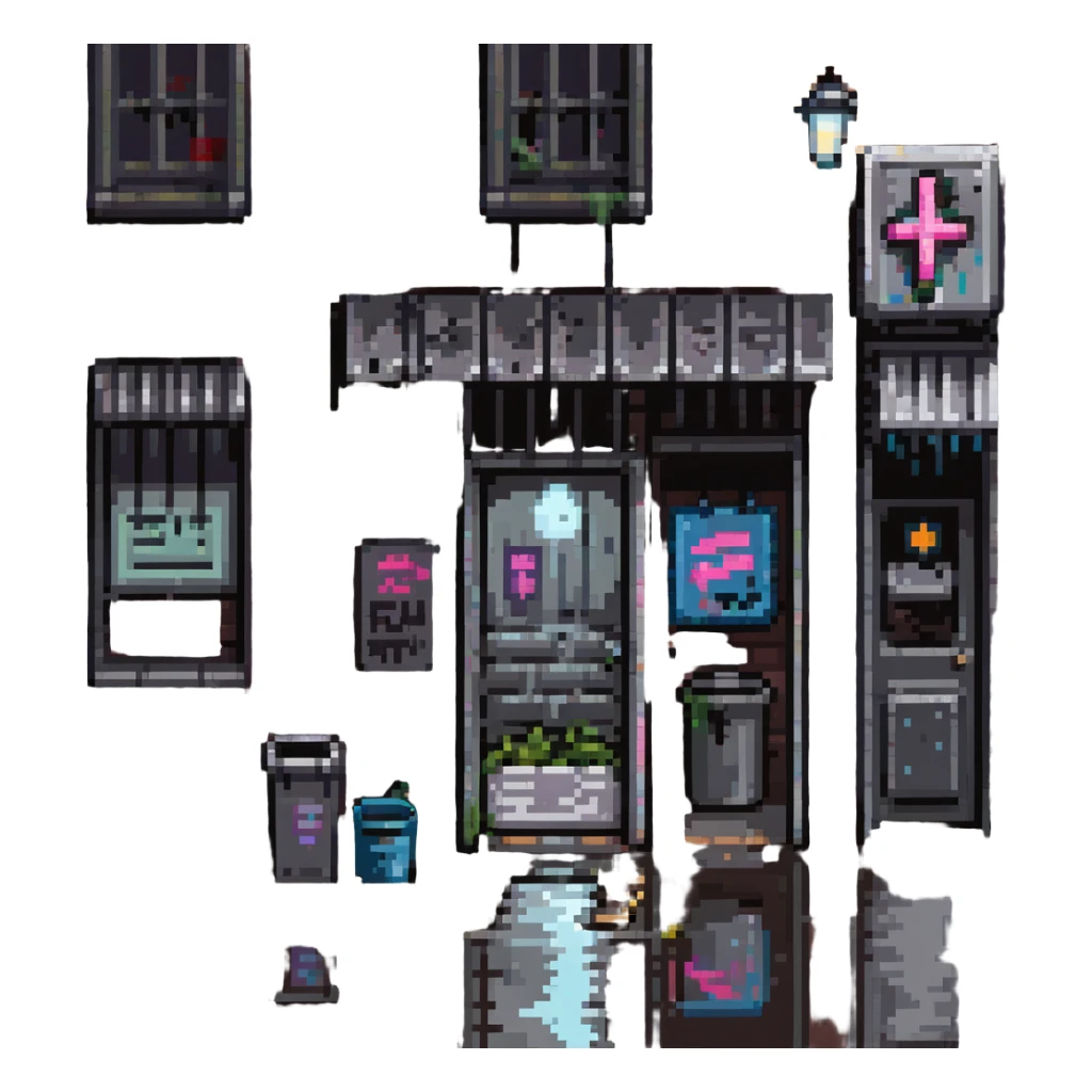Pixel art background in side-scrolling view, inspired by classic Sega fighting games. Dark urban street in front of an old brick building, with graffiti, broken windows, metal door, trash cans, flickering neon sign, and a streetlamp. Gritty atmosphere, nighttime, subtle rain puddles on the ground. sticker
