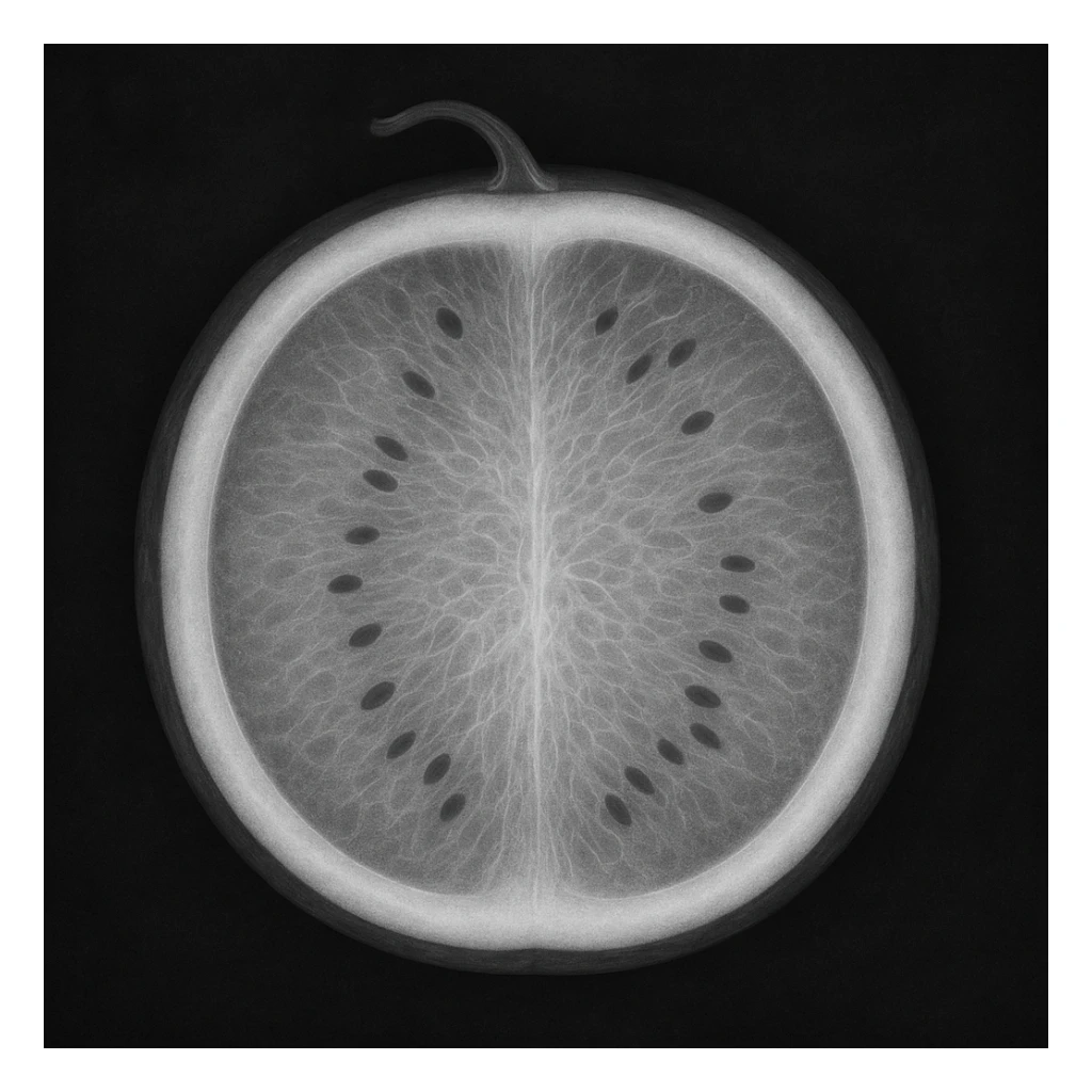 cross-section x-ray of a watermelon, highlighting the rind and inner fruit sticker