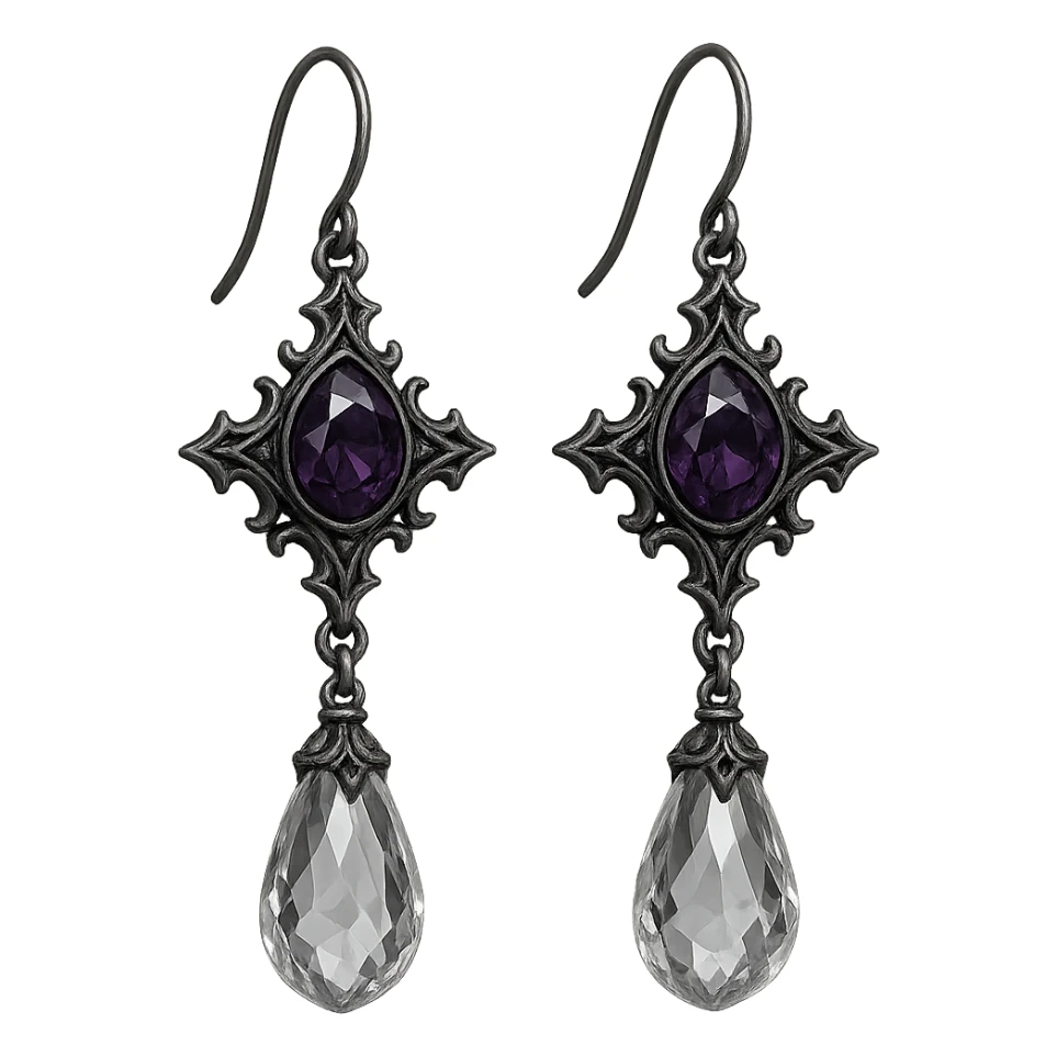 goth earrings with crystal drop, dark amethyst, mystical gothic sticker
