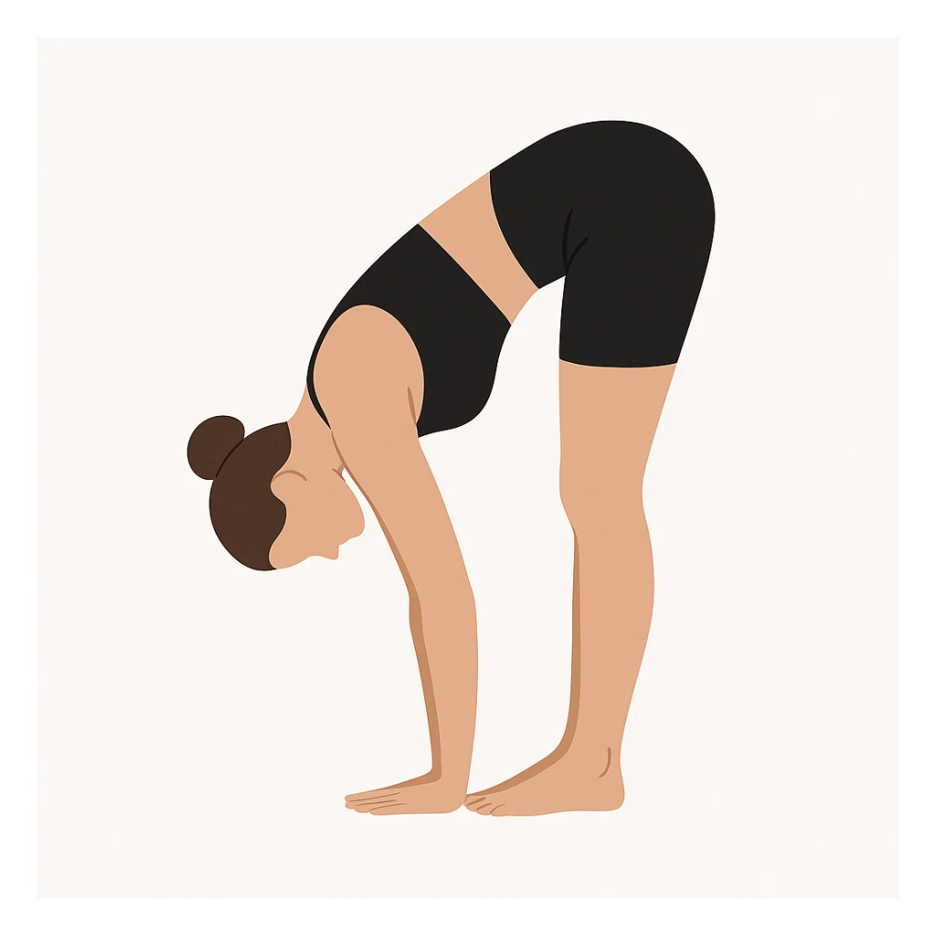Minimalist flat vector illustration of a woman doing yoga in forward fold pose (Uttanasana), wearing sportswear (black top and black shorts), brown hair in a bun, clean white background, no face details, elegant style sticker