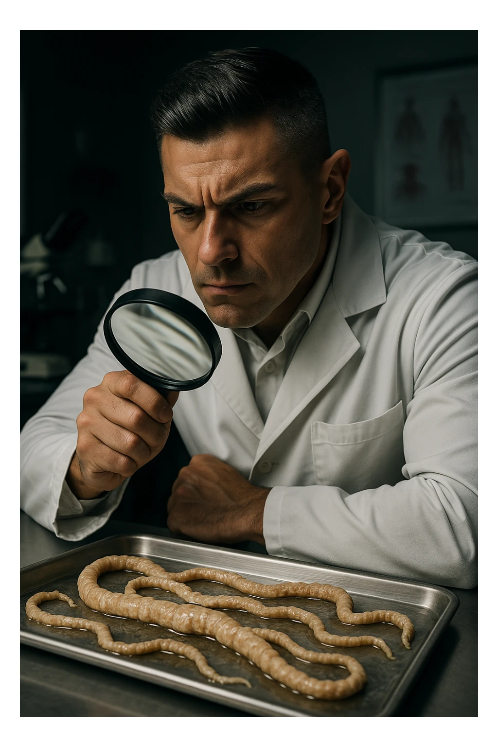 A middle-aged male kinesiologist wearing a pristine white lab coat, intensely analyzing long, beige tapeworms (like Taenia) under a magnifying glass. His expression is focused and slightly concerned, with dramatic studio lighting casting sharp shadows. The parasites are highly detailed, moist, and textured, stretched across a sterile metal tray. The background is blurred but suggests a clinical environment—hints of a microscope, medical charts, and clean lab equipment. The style is hyper-realistic, with a cinematic contrast between the bright white coat and the grotesque, organic forms of the parasites. No sci-fi elements, just raw medical realism with a disturbing edge sticker